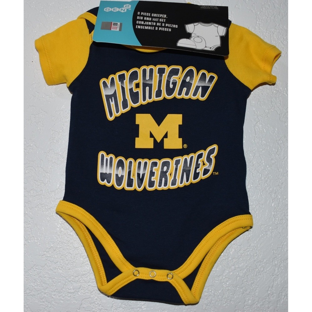 Michigan Wolverines Baby NEW 3-Piece Bodysuit Bib Hat Set 0/3M Navy Yellow Gen2